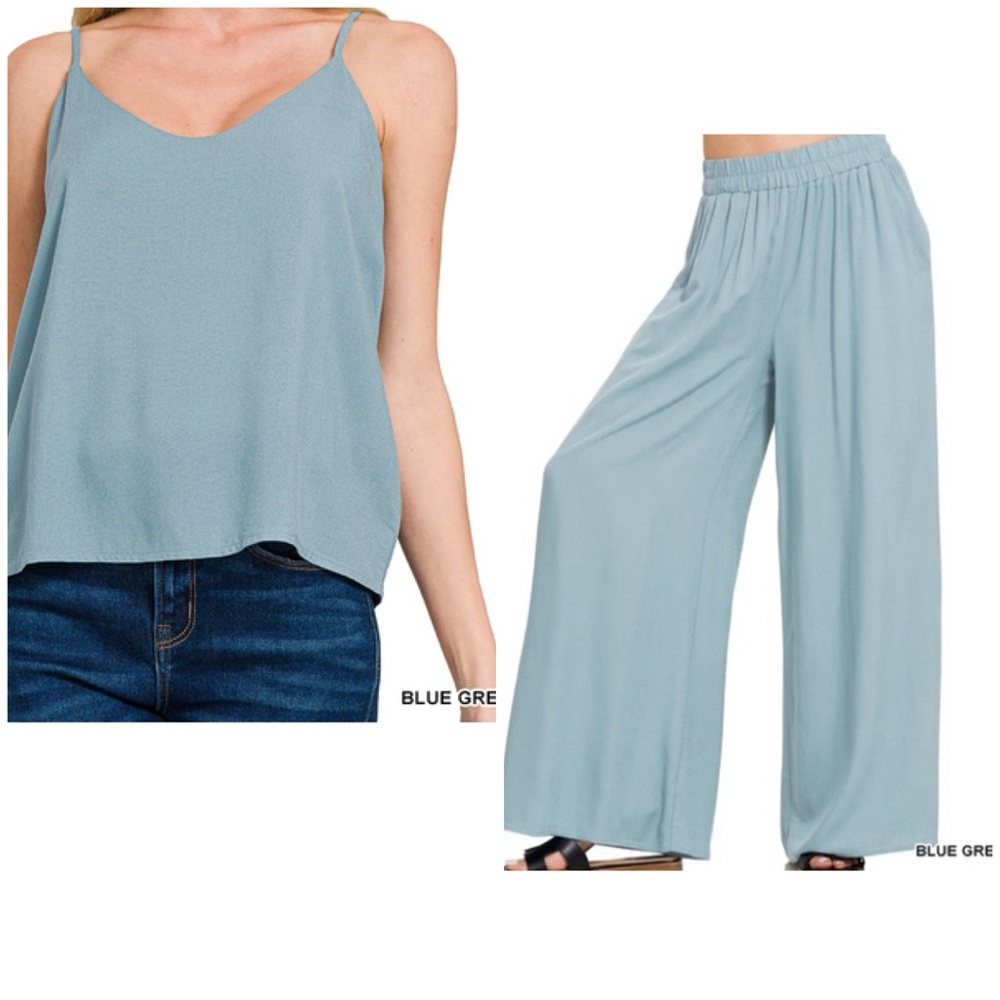 Pants Set Wide Leg & Cami Blue Gray